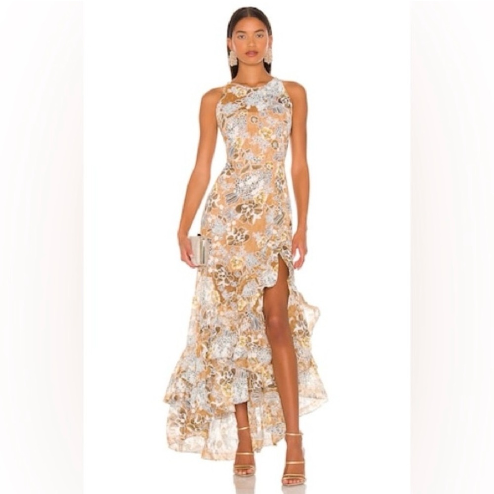 Bronx and Banco Floral High Low Dress in Cream and Blue